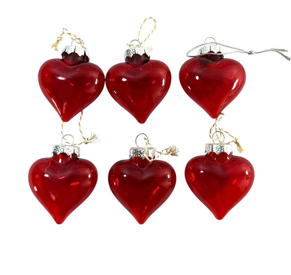 Vintage Red Glass Heart Christmas Ornaments Set of 6 Mini 1.5” Valentine